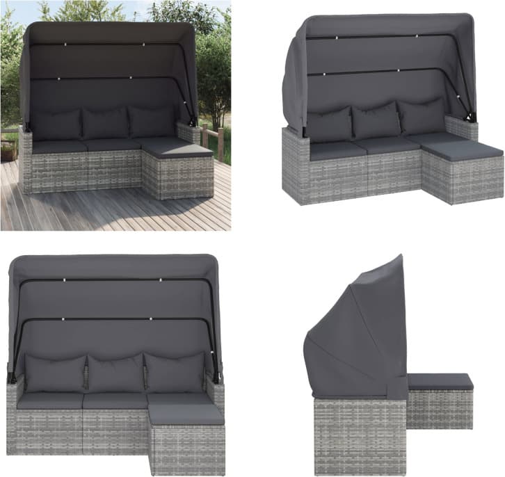 vidaXL 3 Sitzer Gartensofa mit Dach und Fußhocker Grau Poly Rattan - 3-Sitzer Gartensofa - 3-Sitzer Gartensofas - Gartensofa - Terrassensofa