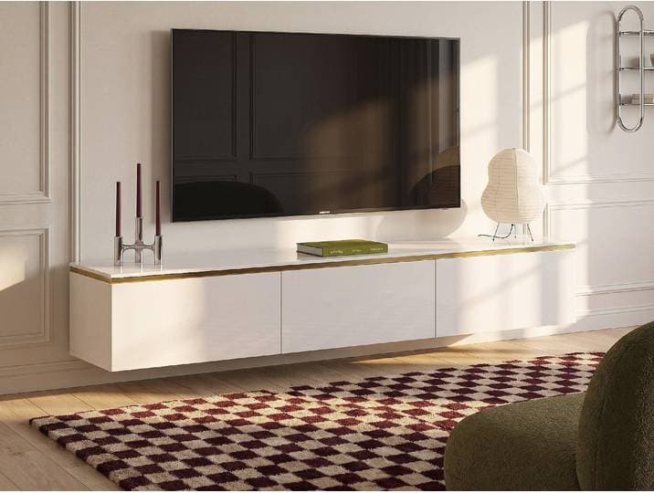 Hängender TV-Schrank mit 3 Türen – Weiß glänzend und Gold – VUKIA