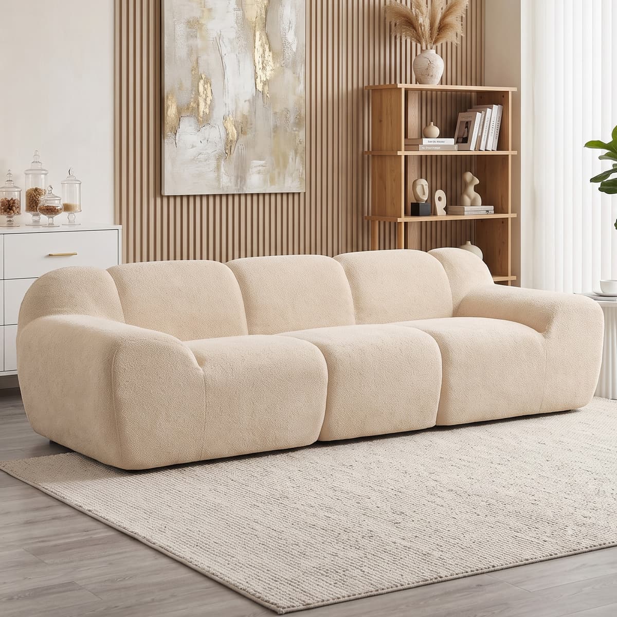 Homcom Divano 3 posti in ciniglia con seduta profonda e braccioli larghi, 233 cm, beige   Aosom Italy
