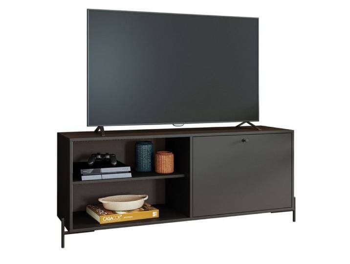 Meuble TV Bar 60 Pouces Noir 1 Porte 4 Niches Pieds Métal Ronds L 142 H 56 P 35 cm - L 142 x l 35 x H 56 cm