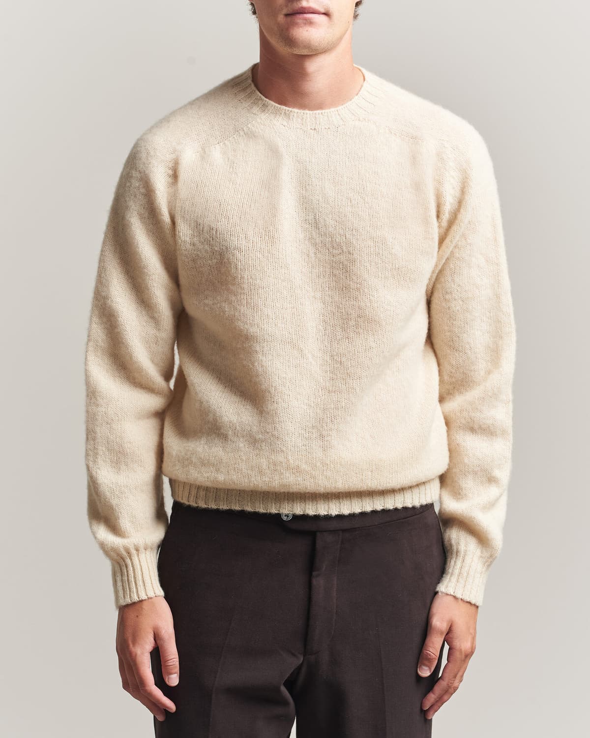 Harley Of Scotland Brushed Supersoft Lambswool Crewneck Vanilla men L Hvid