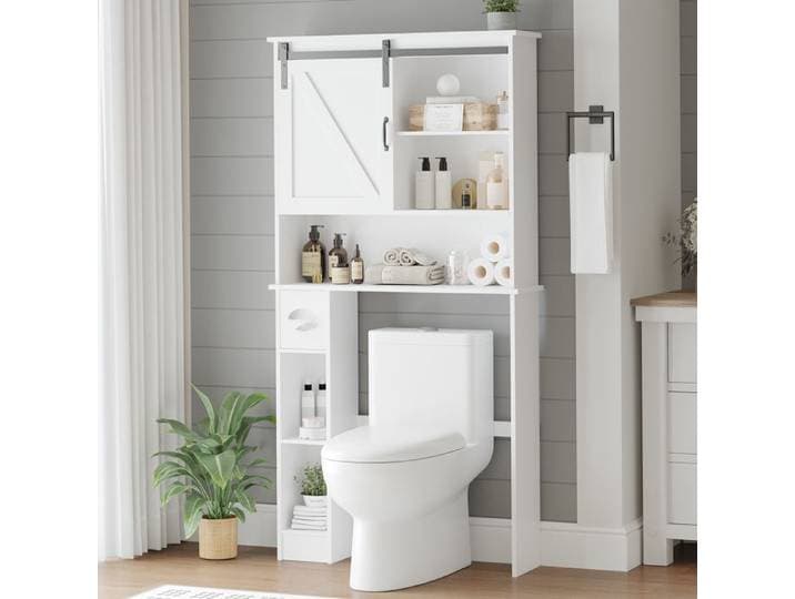 JoyGarden Armoire de rangement au-dessus des toilettes portes doubles avec étagères réglables et porte-papier blanc