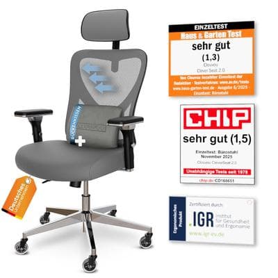 CLOUVOU CleverSeat, ergonomischer Bürostuhl, Rückenlehne mit Mesh Bezug, 4D-Armlehnen, 3D-Kopfstütze, BladeWheels, Anthrazit
