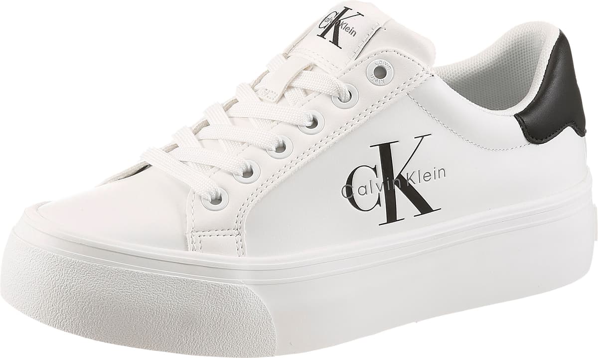 Plateausneaker CALVIN KLEIN "VULC FLATFORM LACEUP LOW LTH", Damen, Gr. 41, schwarz-weiß (weiß), Leder, Lederimitat, unifarben mit Farbeinsatz, Basic, Schuhe Plateausneaker, Schnürschuh, Halbschuh, Freizeitschuh mit seitlichem Logoschriftzug
