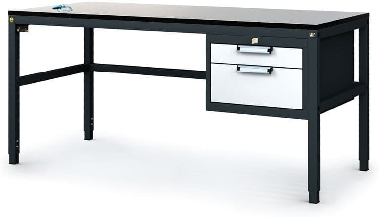 Alfa 3 Antystatyczny stół warsztatowy ESD, 2 skrzynka szufladowa na narzędzia, 1600 x 800 x 745-985 mm