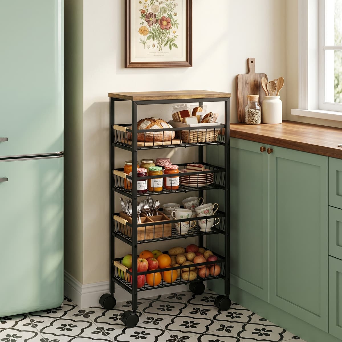 Homcom Carrello da cucina con 4 cesti estraibili e ruote, 40x24x81,5 cm, marrone rustico   Aosom Italy