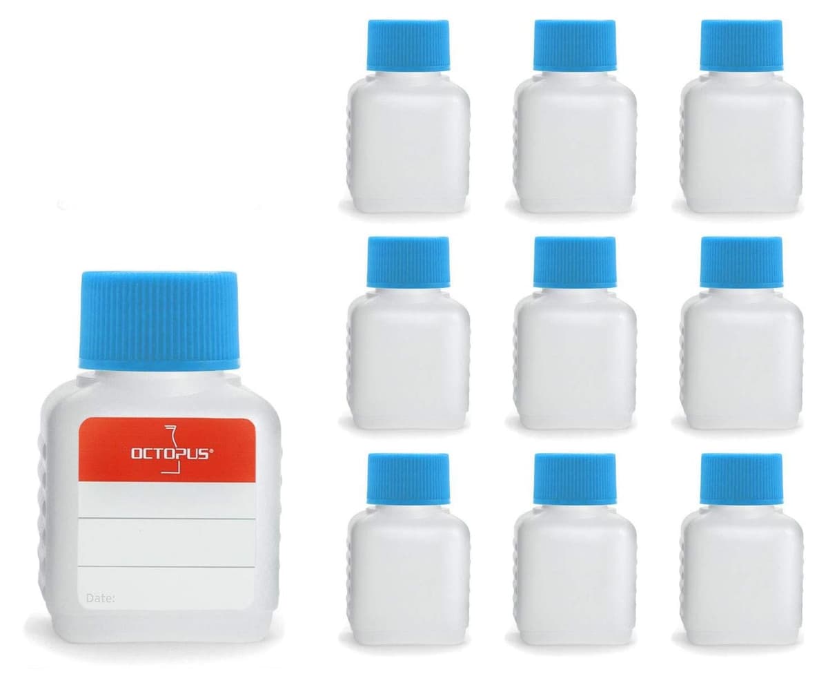 Dripio Set van 10 HDPE-flessen van 50 ml met blauwe schroefdopjes en etiketten