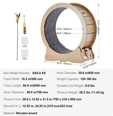 Uplift Picks Wooden Cat Exercise Wheel Large Indoor Running Treadmill With Detachable Carpet And Teaser 29.5 Inch