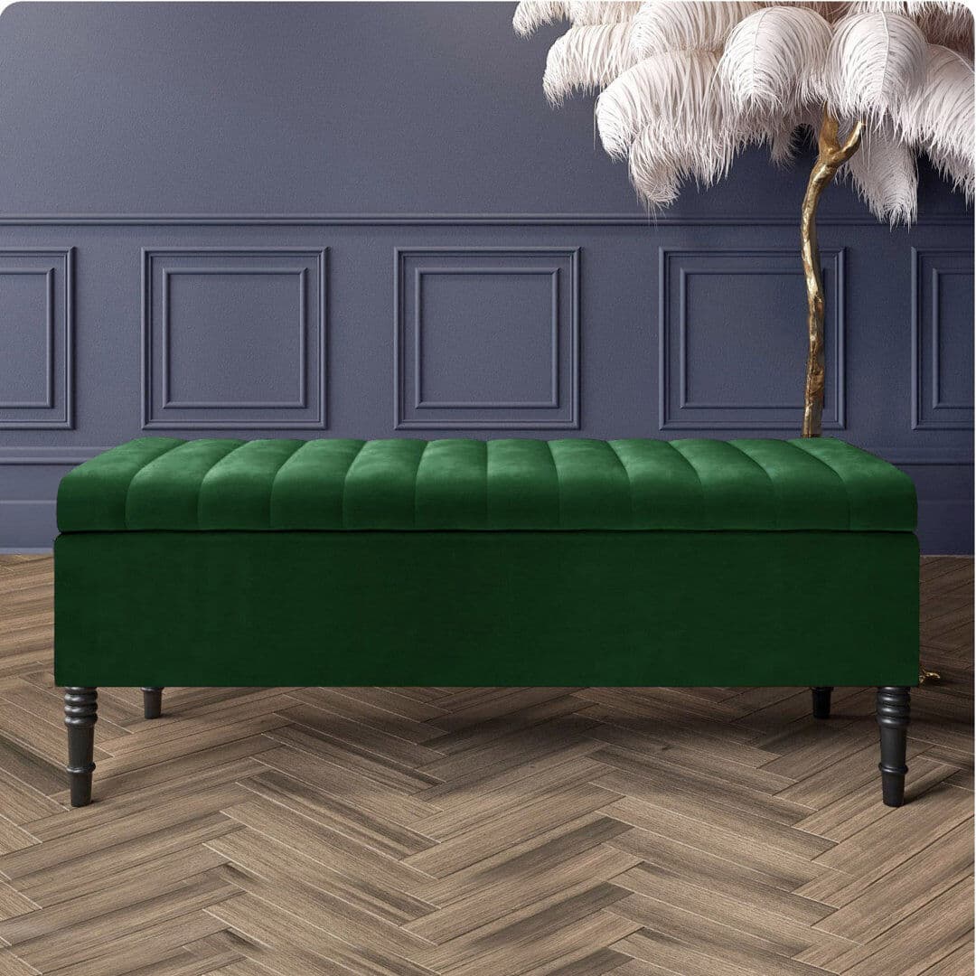 R&M Furnishers Paris Striped Ottoman Storage Bench - Upholstered Plush Velvet Shoes Bench with Black Turned Wooden Legs Forest Green 50cm H x 150cm W x 40cm D