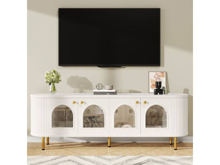 Meuble TV 170x 35 X 55cm avec Portes en Verre Meuble de Rangement de Salon avec PoignéEs et Pieds DoréS Blanc + Or