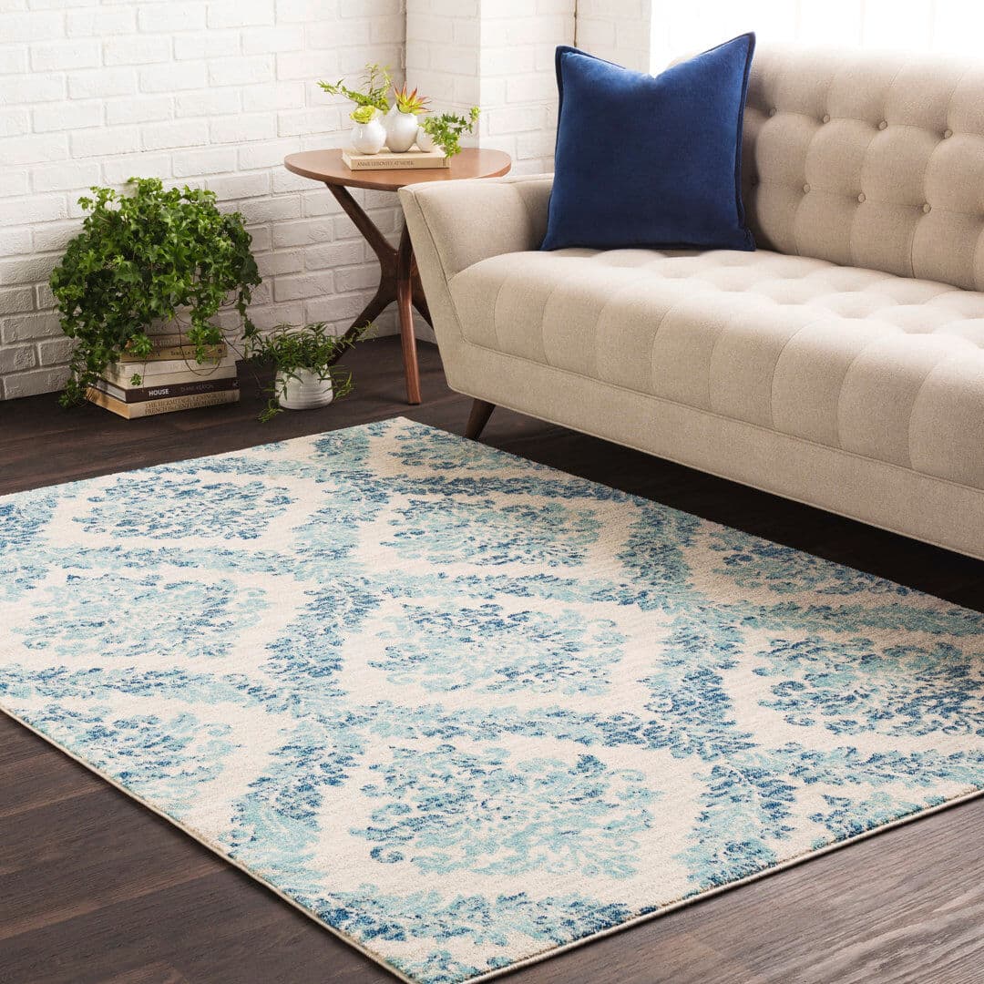 Blue Elephant Damask Area Rug Teal;Ivory;Blue;Gray Rectangle 160 x 220cm