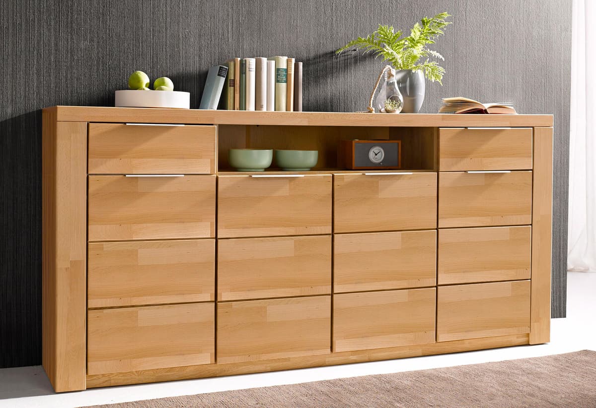 Sideboard GOODPRODUCT "Zara 2 Schubkästen, 7 Fächer", beige (kernbuche teilmassiv), B:200cm H:95cm T:40cm, Holz teilmassiv, Sideboards, Sideboard, B/T/H: 200cm/40cm/95cm, Metallgriffe, Kernbuche kernbuche teilmassiv B/H/T: 200cm x 95cm x 40cm, Holzwerksto