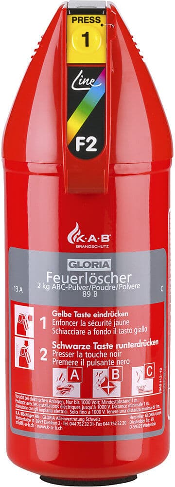 Pulver-Kompakt-Feuerlöscher, Inhalt 2 kg, mit Manometer, Brandklasse A+B+C GLORIA
