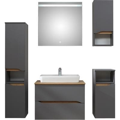 Badmöbel-Set SAPHIR "Quickset 5-teilig, Keramik-Aufsatzbecken mit LED-Spiegel", grau (quarzgrau matt touch, quarzgrau matt, akzent riviera eiche quer nb), Kastenmöbel-Sets, Badmöbel-Set, Midischrank, Unterschrank, Hängeschrank, inkl. Türdämpfer, 6...