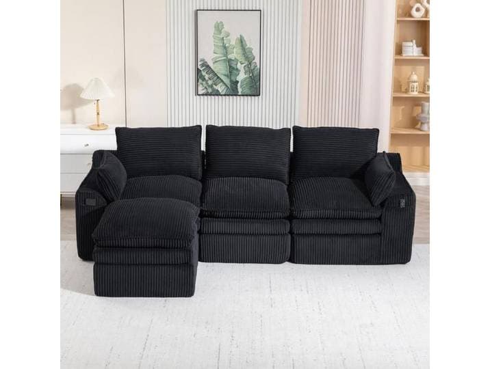 Canapé modulaire - KOMHTOM - Canapé modulaire 3 places - Velours côtelé - Avec pouf et poches latérales - Noir