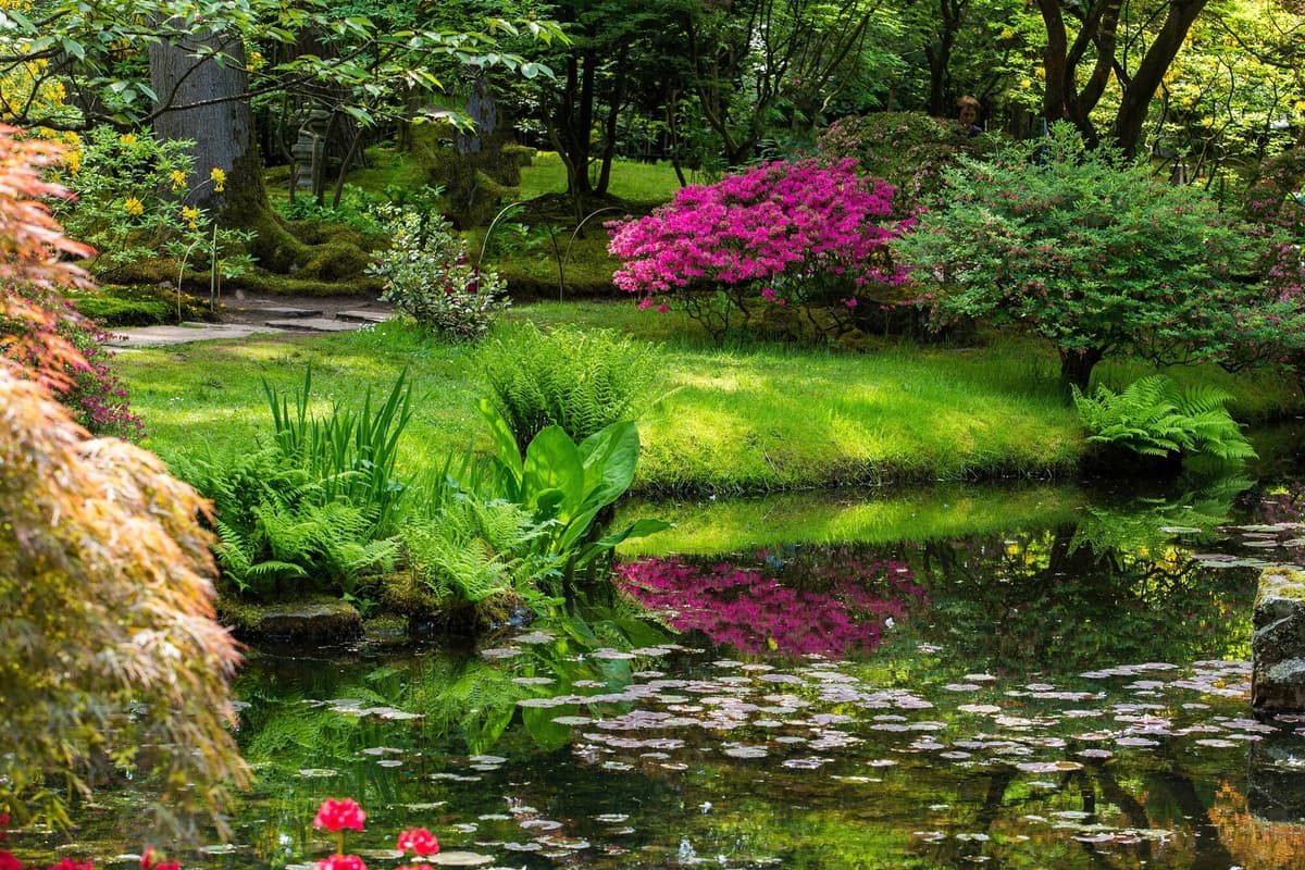 Fototapete PAPERMOON "GARTEN-BLUMEN BÄUME PFLANZEN STEINE WALD PARK BLÜTEN", bunt, B:4,5m L:2,8m, Vlies, Tapeten
