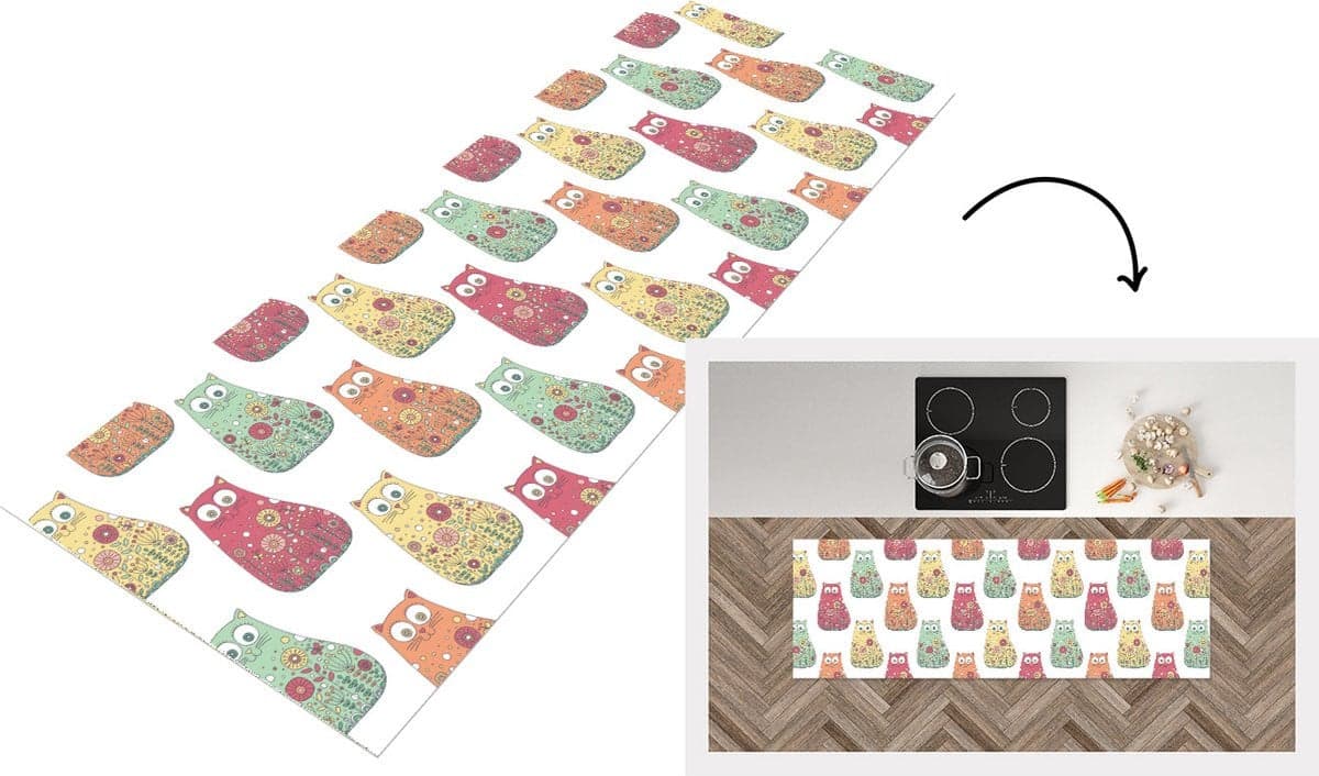 Keukenloper met katten- en bloemenpatroon in vinyl, 180 x 60 cm