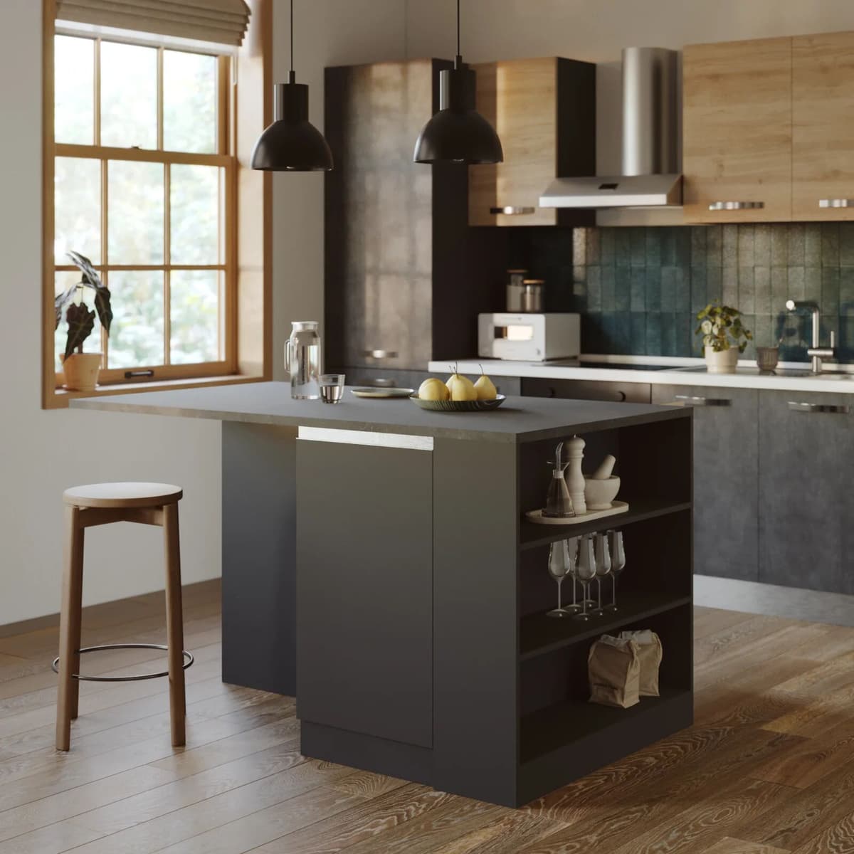 garneroarredamenti Isola cucina centrale 160x90cm 2 ante e vani antracite opaco con piano grigio effetto pietra Gourmet
