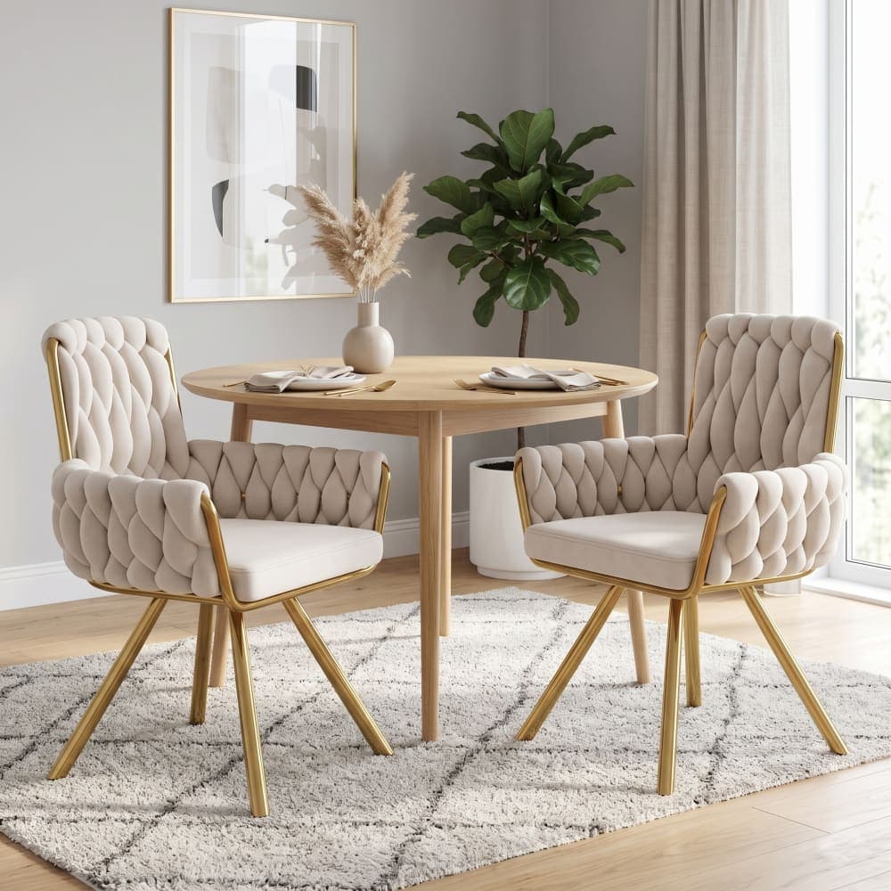 Urban Meuble Conjunto de 2 sillones giratorios en terciopelo beige y metal dorado