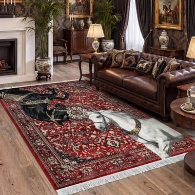 Bluebell Boho Horse Print Area Rug with Tassels, Washable Soft Flannel Non-Slip - 5' x7'
