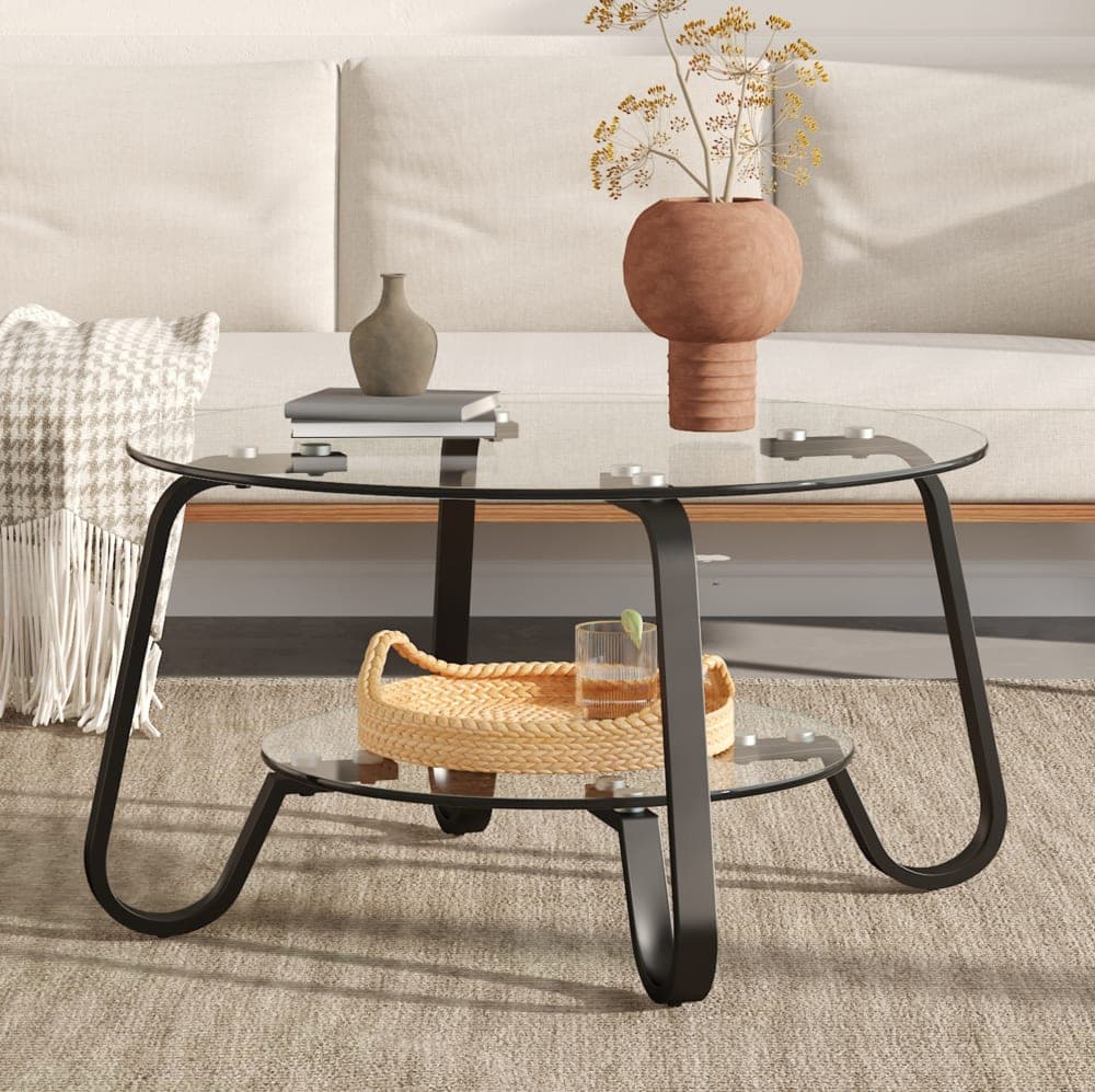 OKWISH Mesa de centro negra de metal con doble estante