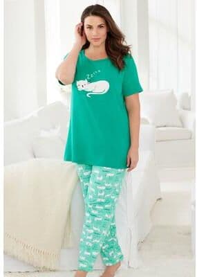 Plus Size Women's Graphic Tee Pure Cotton PJ Set by Dreams & Co. in Tropical Emerald Cat (Size L) Pajamas
