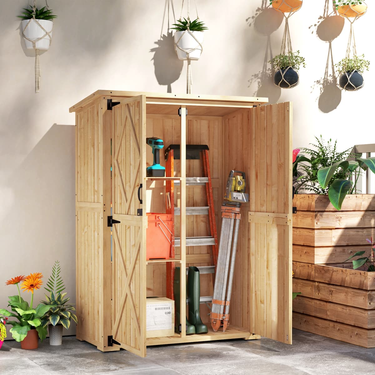 Outsunny Capanno deposito da giardino, capanno in legno per attrezzi e utensili da giardino, tetto in asfalto, porte doppie, legno di abete, marrone chiaro   Aosom Italy