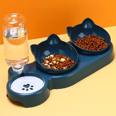 PetsAreLife Ear Design Tilted Cat Water And Food Bowl Set With Gravity Water Bottle, Pet Bowls With Water Feeder For Neck P blue