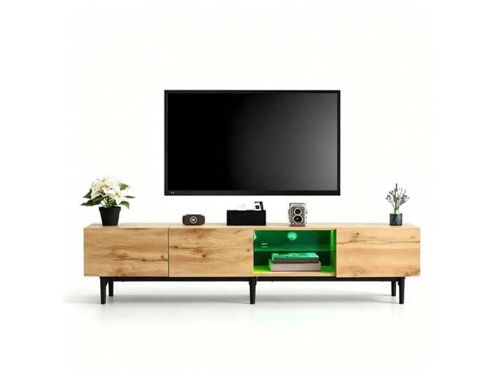 Meuble TV moderne lumière chêne de 175 cm éclairage LED RVB rangements integres en mdf pour televiseur 175 x 31 x 41 cm