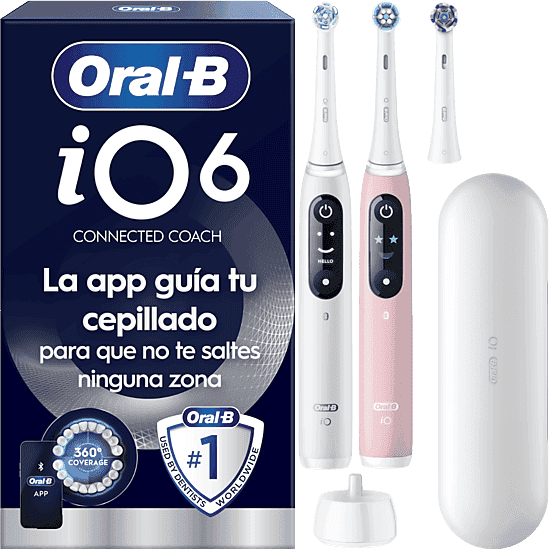Cepillo eléctrico - Oral-B iO 6s, Pack doble, 5 modos, Seguimiento con app, Pantalla interactiva, Sensor de presión, Estuche viaje, Blanco y rosa