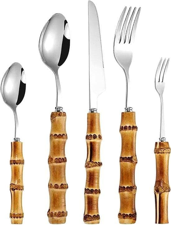 Famanu Besteckset aus Bambus - Edelstahl Besteck - 30-teilig - Silber