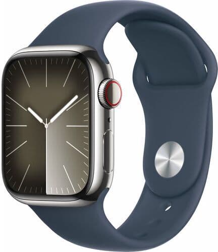 Apple Watch Series 9 Stal nierdzewna 41 mm (2023)   GPS + Cellular   srebrny   Pasek sportowy Burzowy Niebieski M/L - Refurbished