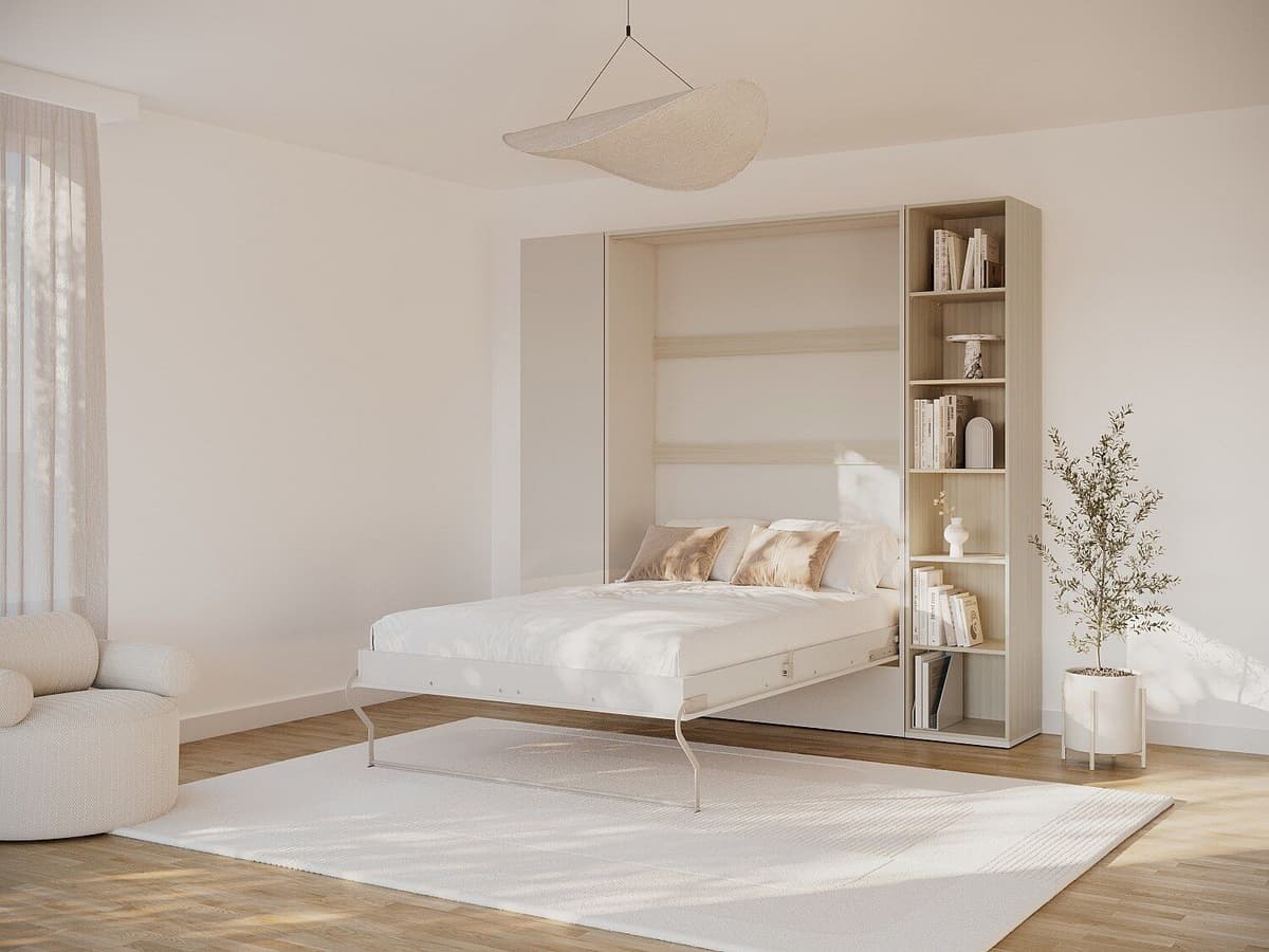 Unique Cama abatible vertical 140 x 200 cm - Con librería y armario - Beige y natural - NILODIA