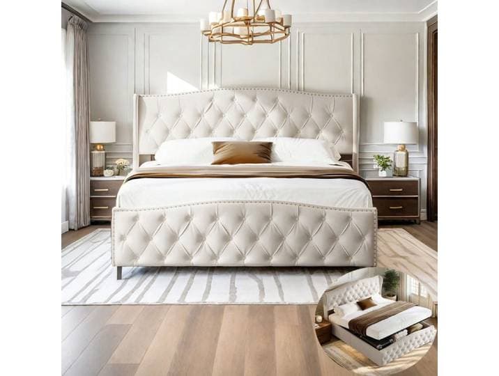 Lit double 140 x 200 cm avec sommier à lattes et espace de rangement Lit coffre avec Rembourrage à Boutons Lit Adulte sans Matelas