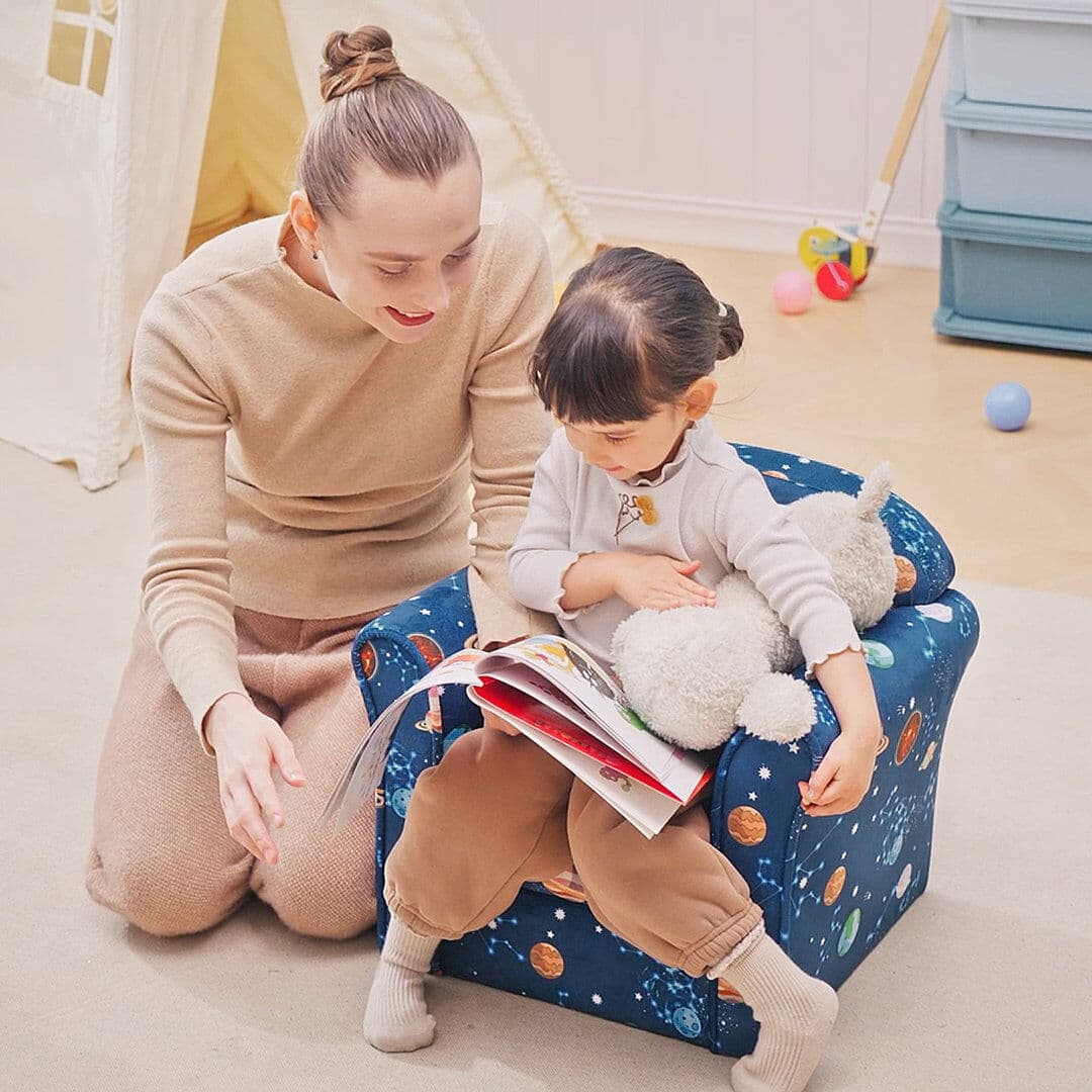 Zoomie Kids HOMCOM Mini Child Sofa Space Planted Themed Wood Frame Padding High Back Blue Blue 44cm H X 50cm W X 39cm D