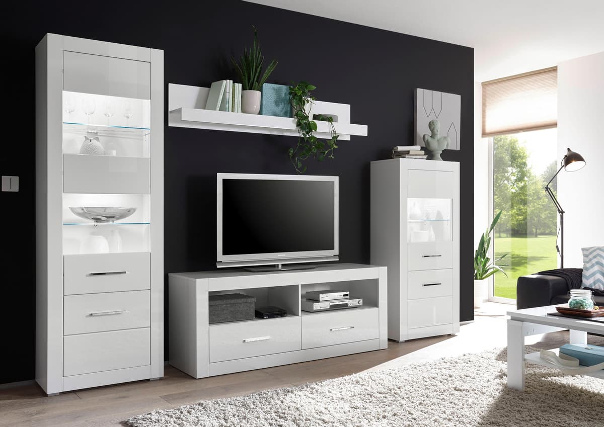 Wohnwand HOME AFFAIRE "Bianco, moderne Anbauwand, Komplettset, Wohnzimmer-Set", weiss (weiß matt, weiß mdf hochglanz), B:300cm, Kastenmöbel-Sets, Wohnwand, enthält zwei Vitrinen, Lowboard und Wandboard, 300 cm breit weiß matt, weiß mdf hochglanz B/H/T: 30