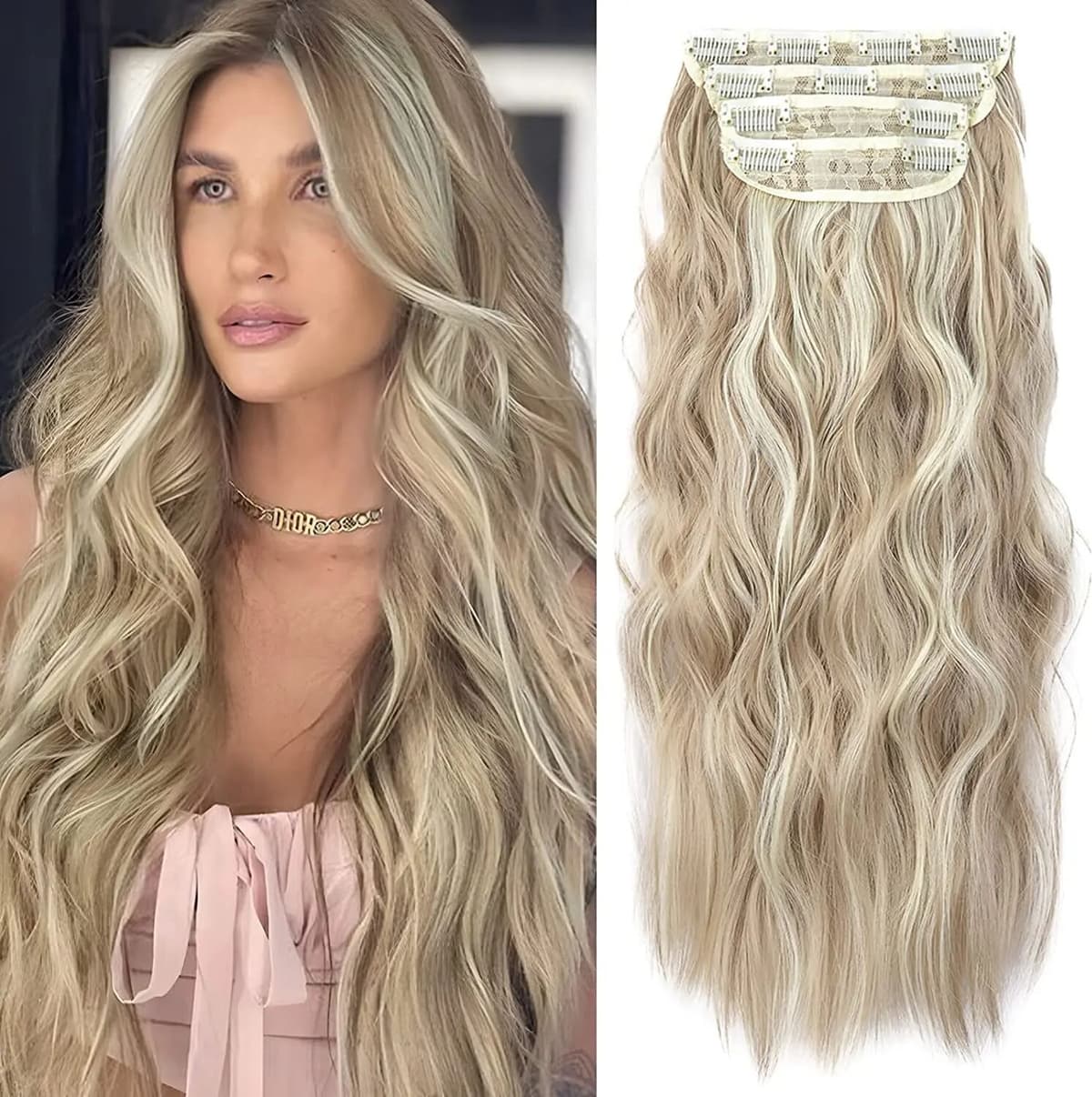 leeons Long Wavy Clip In Hair Extensions Synthetic 4Pcs/Set For Women Heat resistant Black Brown Highlight Long Wavy Clip In Hair piece
