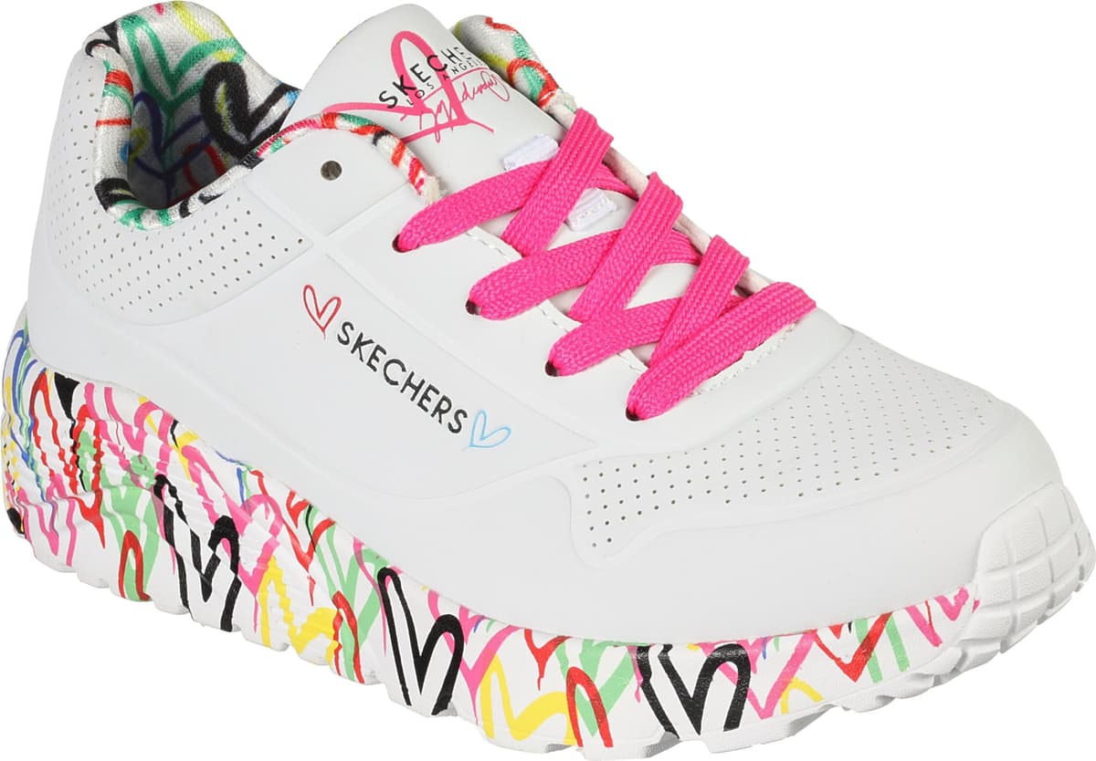Sneaker SKECHERS "UNO LITE-LOVELY LUV", Mädchen, Gr. 30, bunt (weiß, multi, 2), Lederimitat, Textil, kontrastfarbene Details, Schuhe Sneaker, Schnürschuh mit bedruckter Sohle, Grössenschablone zum Download weiß, multi, 2 30