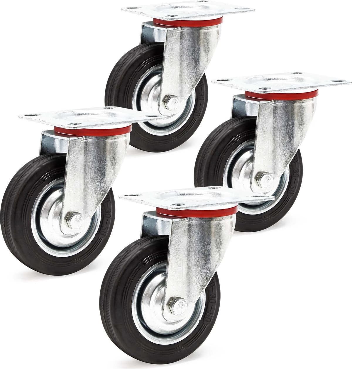 Wiltec Set van 4 zwenkwielen met massieve rubberen wielen van 100 mm, belastbaar tot 70 kg per wiel, met metalen velg en montageplaat