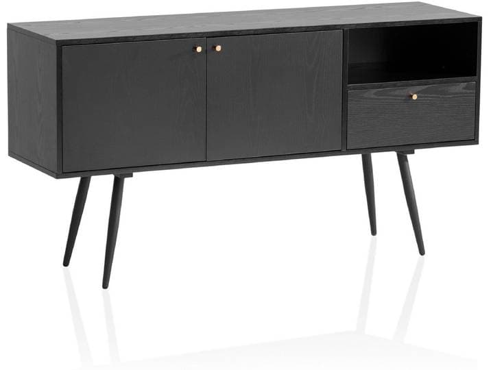 dressoir 140x75x40 cm ladekast zwart met eiken decor tijdloos\, hoge ladekast\, staande kast woonkamer met 2 deuren en lade\, dressoir met open vak