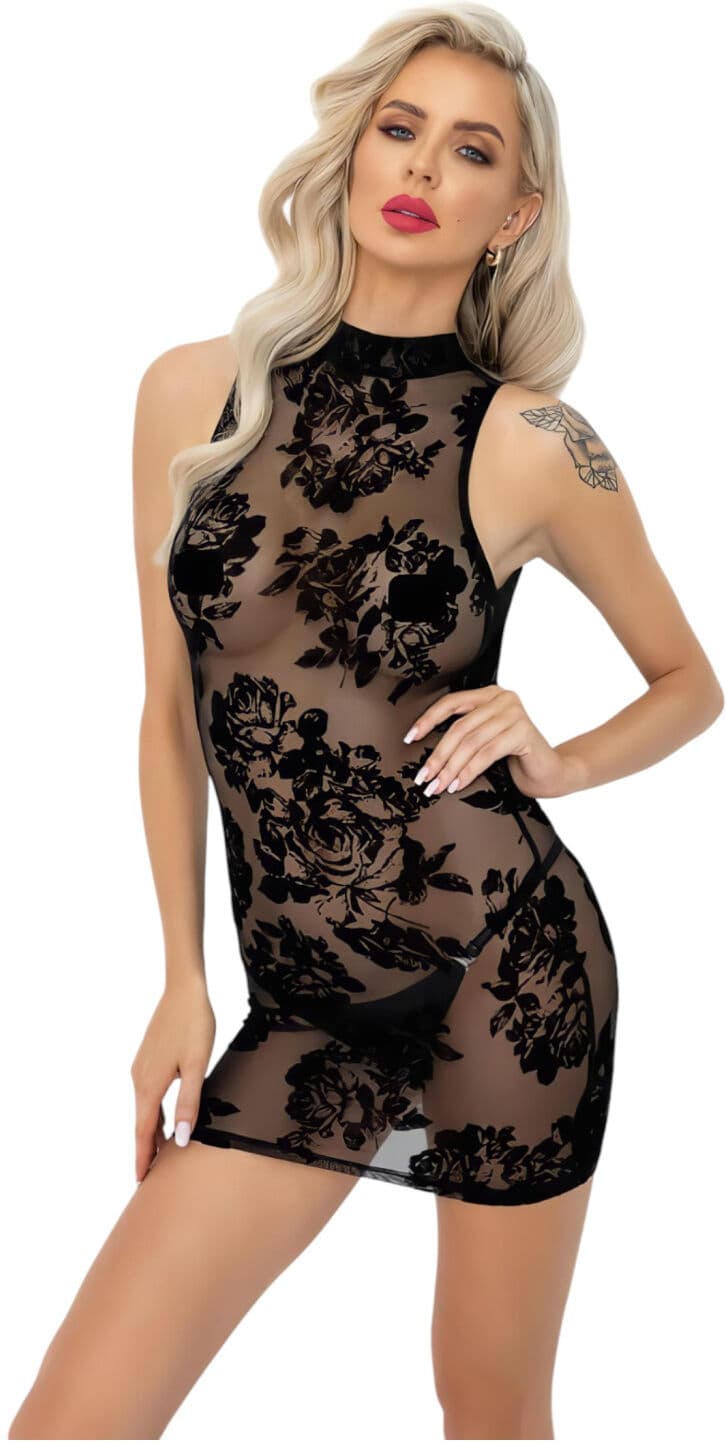 Noir - rochie mini fără mâneci cu motive de trandafiri (negru)