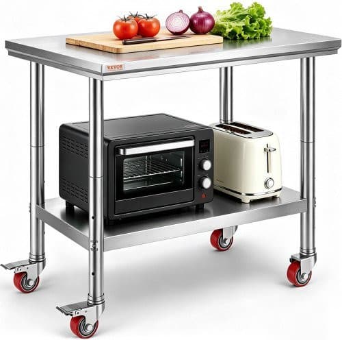 Vevor Roestvrijstalen Keukentafel met Zwenkwielen en Verstelbare Hoogte, Zilverkleurig, B/D/H: 91 x 60 x 85 cm