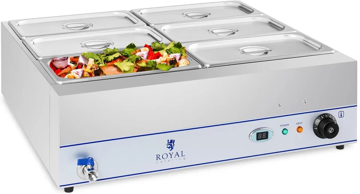 Royal Catering Bain Marie - 2.000 W - 6 x GN nádob 1/3 - s výpustou 10010387