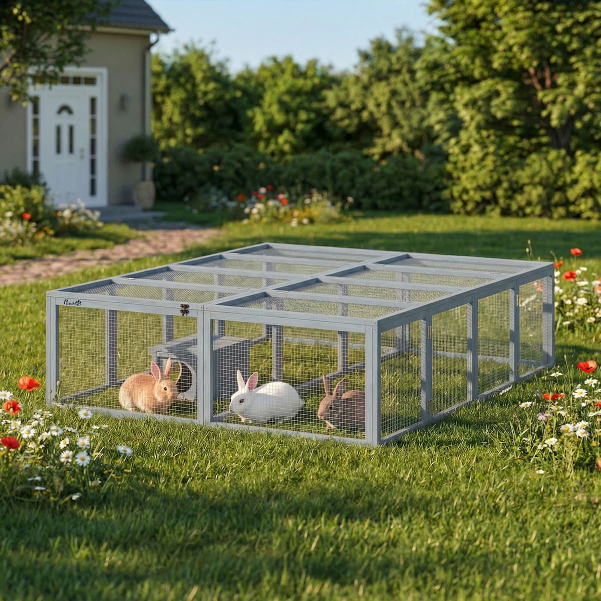 Pawhut Recinto per Conigli in Legno con 2 Porte Cuccia Riparo per 2-4 Conigli Nani 180,4 x 150 x 48 cm Grigio   Aosom Italy