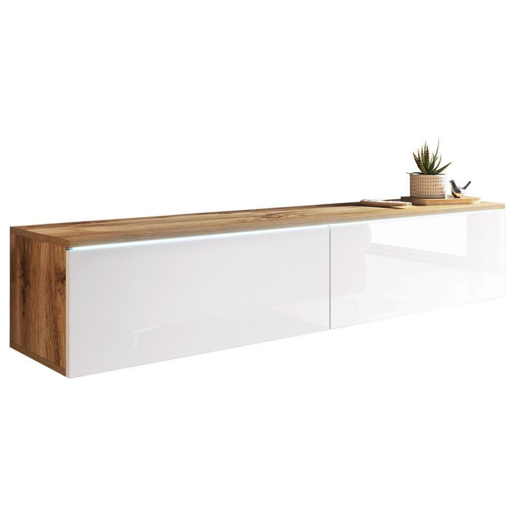 P & B Lowboard , Eiche Wotan, Weiss Hochglanz , Kunststoff , kaltweiss , 140x30x33 cm , Fsc, Made in EU , stehend, hängend, Beleuchtung, in verschiedenen Holzdekoren erhältlich , Wohnzimmer, TV Möbel, Lowboards, Lowboards stehend