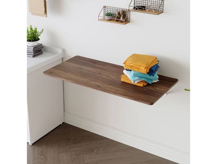 Table murale pliante 114 x 56 cm en MDF décor noyer bureau rabattable mural gain de place