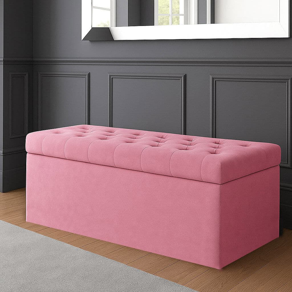 R&M Furnishers SD Plush Velvet Chesterfield Upholstered Ottoman Storage Box Pink 43cm H x 150cm W x 40cm D