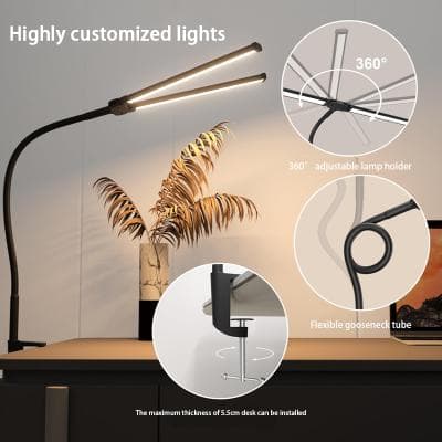 Evergreen Home Goods Dimmable Double Head LED Desk Lamp, USB Powered PC Monitor Light With Clamp, Eye Protection Reading Light black 1 Head