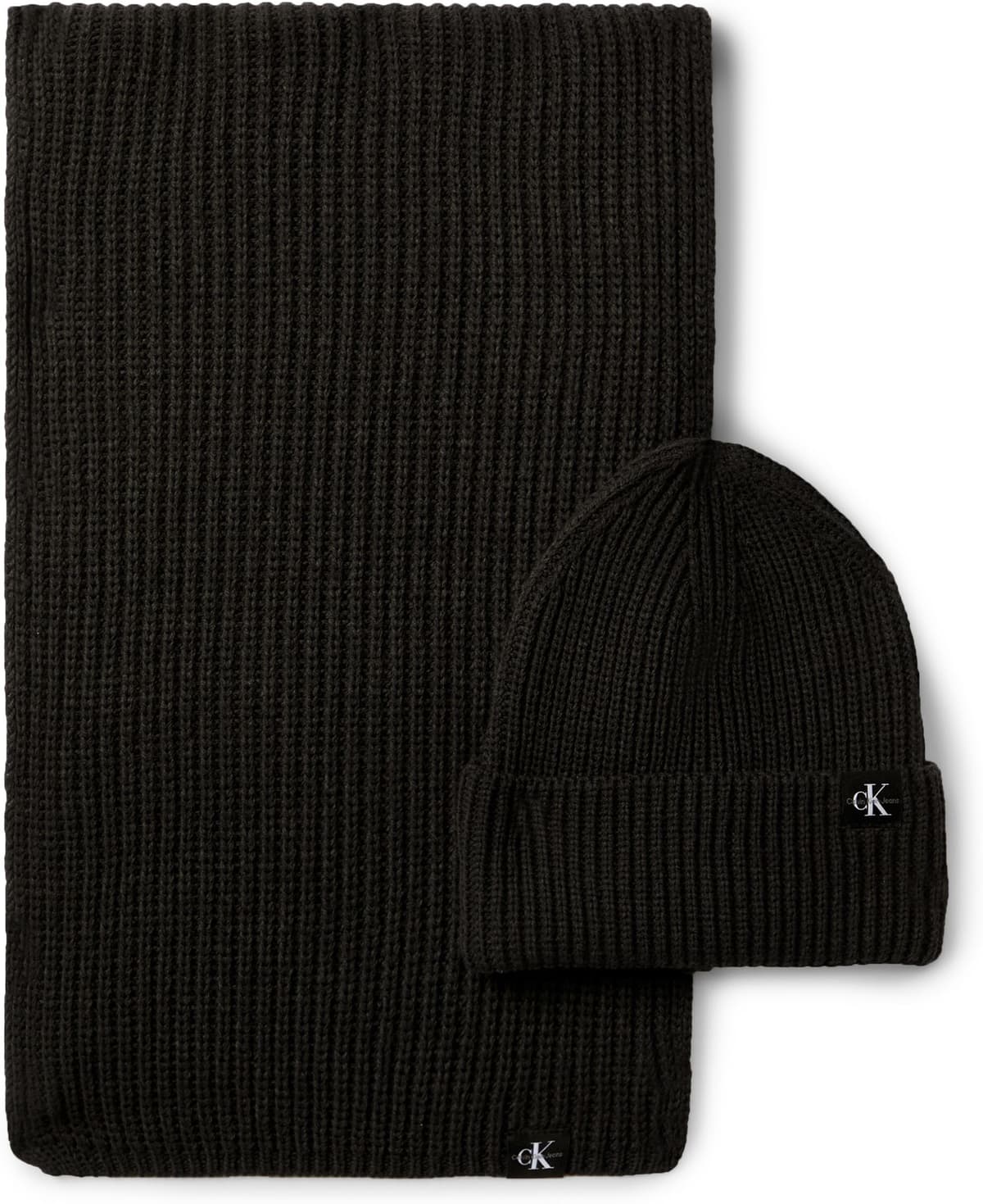 Strickmütze CALVIN KLEIN "Monogram Rib Scarf Beanie Set", Kinder, Gr. L/XL, schwarz (ck schwarz), Obermaterial: 100% Polyacryl, Mützen Strickmütze, mit Logopatch ck schwarz L/XL