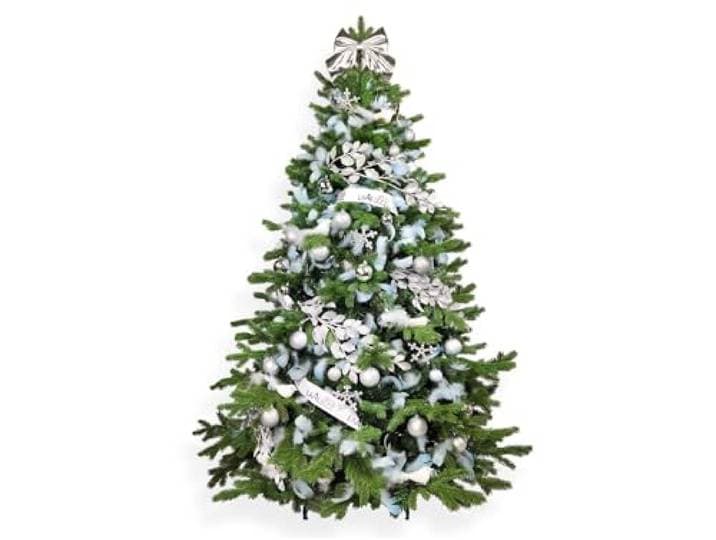 LAALU Künstlicher Weihnachtsbaum 270 cm – HIMMELSSILBER – geschmückt mit 131 Weihnachtsbaumschmuck – inkl. Metallständer und Aufbewahrungsbox